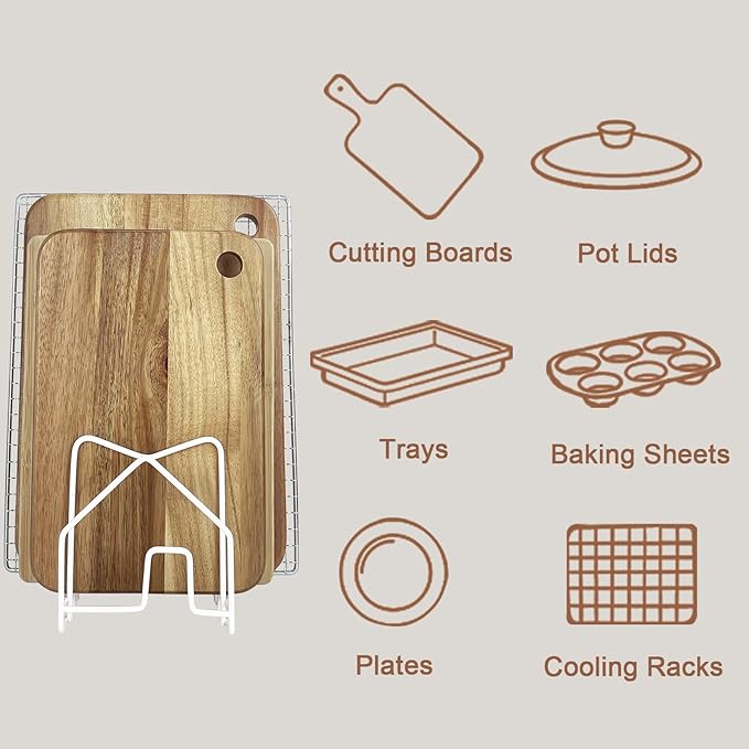 SUNFICON Cutting Board Holder W 2 Chip Bag Clips 304 Stainless Steel Chopping Board Rack Pot Lid Organizer Inside Cabinet Pot Cover Cookie Sheet Bakeware Serving Tray Cooling Rack Stand Kitchen White