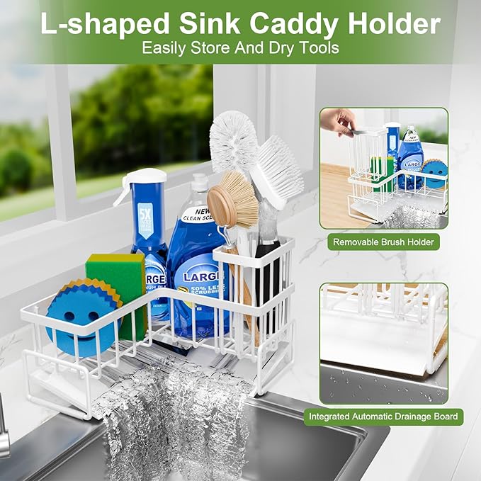 Fikoksol Large Sponge Holder for Kitchen Sink, 90-Degree Sink Caddy Organizer with Dish Brush Holder for Countertop Corner Storage Rack, White Metal L Kitchen Sink Sponge Soap Organizer Storage Ideas