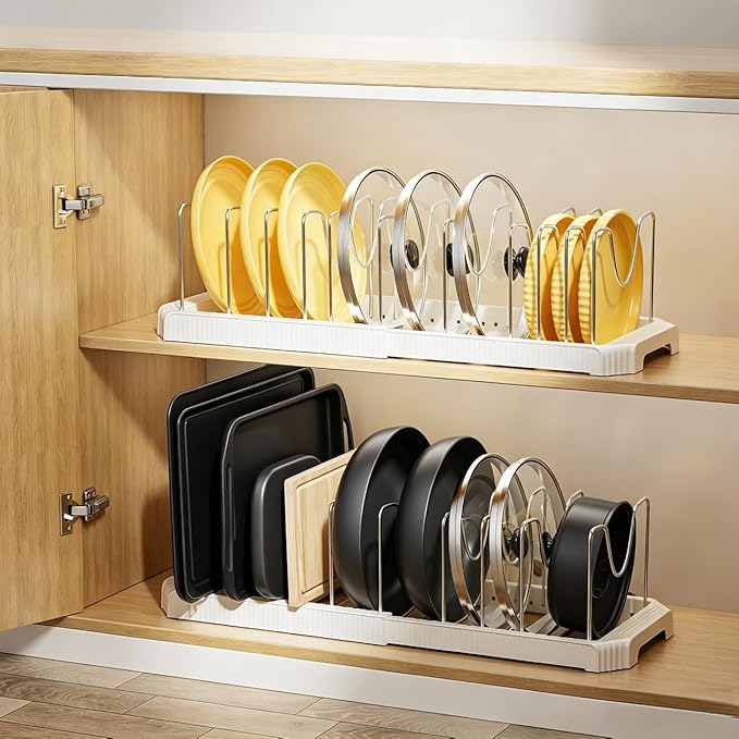 MUDEELA Pots and Pans Organizer under Cabinet, Pot Rack with Expandable Pot Lid Organizers Holder for 10 Adjustable Dividers, Pan Organizers inside Cabinet for Pan Lids, Cutting Boards, Baking Sheets