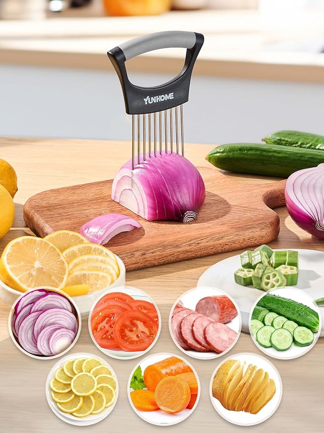 Onion Slicer Holder - Stainless Steel Onion Holder for Slicing - Tomato Slicer Vegetable Chopper Tool for Lemon Avocado, Food Slicer Assistant Tool for Fruit, Meat Tenderizer, Food Slicing Guide