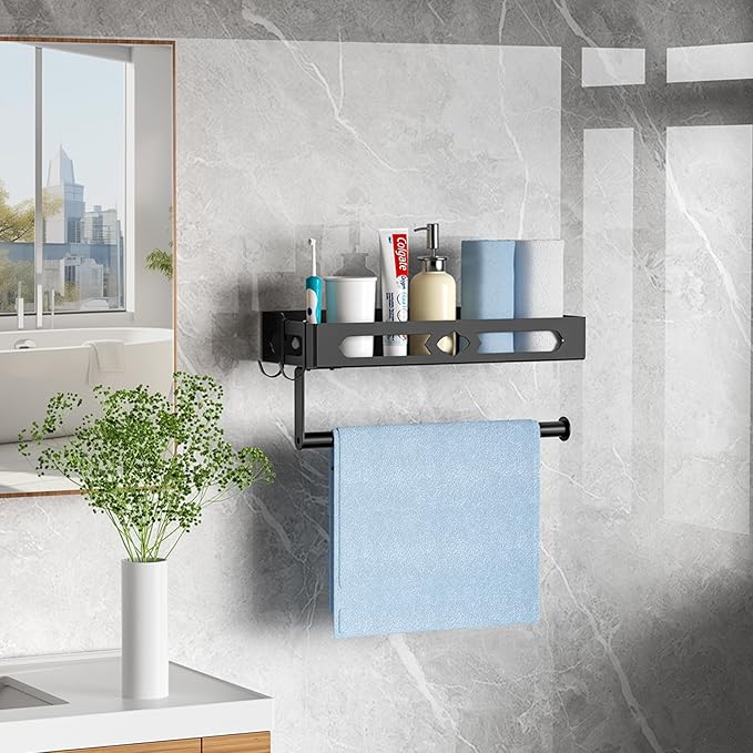 Paper Towel Holder with Shelf for Bathroom, Kitchen Paper Holder Spice Rack Paper Towel Roll Holder Wall Mounted Paper Towel Holder with 2 Hooks(2 Installation Methods - Self-Adhesive and Drilling)