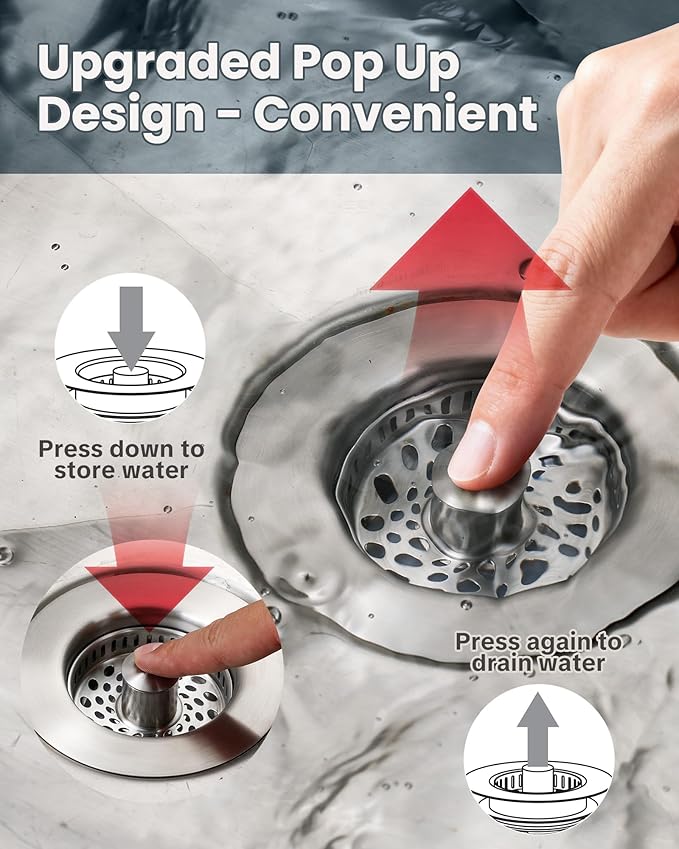 ARCORA Kitchen Sink Drain Strainer: Stainless Steel 3 in 1 Sink Stopper with Anti-Clogging Basket, Kitchen Strainer with Brass Bounce Core for Standard 3-1/2 Inch Drain, Brushed Nickel