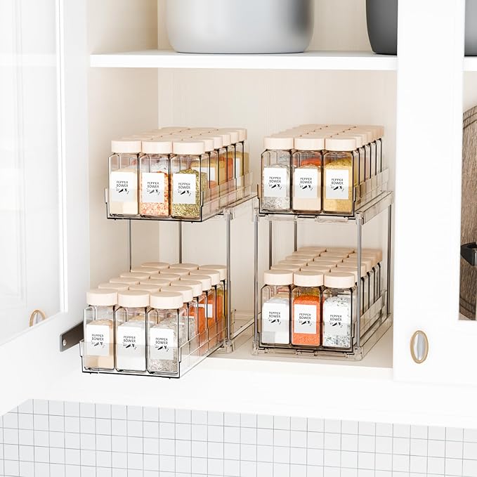 Yieach 4 Pack 2 Tier Vertical Spice Rack Pull Out,10.4'' Deep Narrow Slide Out Spice Rack Organizer for Inside Cabinets,Kitchen,Pantry,Cupboard Seasoning,Can,Jar Organizer and Medicine Cabinet Storage