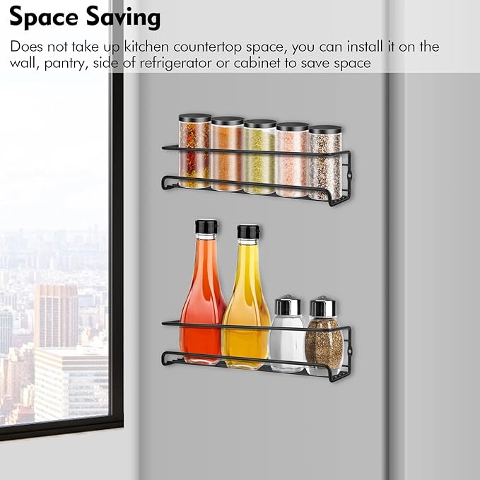 Wall Mounted Spice Rack, Hanging Spice Organizers, Kitchen Condiments Storage for Space Saving (2pcs, Black)