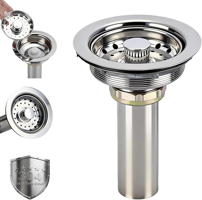 3 In 1 Kitchen Sink Drain Assembly, Stainless Steel Basket Strainer, 3-1/2 Inch Sink Drain Stopper Plug, Threaded Plastic Sink Strainer Tailpiece 1-1/2 in