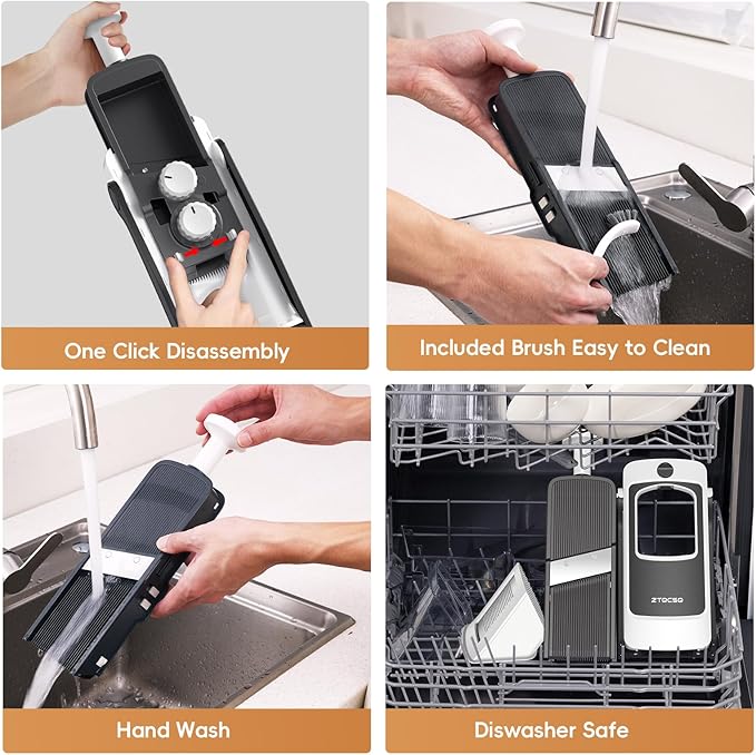 [7 in 1 ] Vegetable Slicer for Kitchen, Safe Mandoline Slicer, Adjustable Veggie Potato French Fry Cutter, Wider Tray & Stainless Steel Grater & Filter Basket & Lid & Cleaning Brush (Gray Pro)