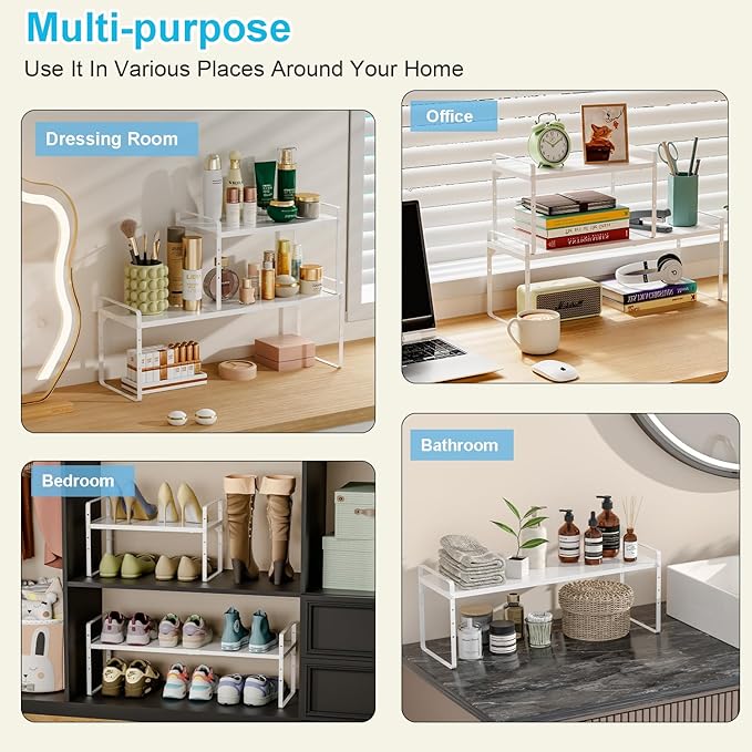 15.5 to 25.5 Inch Kitchen Cabinet Shelf Organizers, Adjustable Kitchen Counter Shelf Organizer, Set of 3 Expandable Countertop Storage Shelves, Stackable Design, 30LBS Heavy Duty, Space Saver