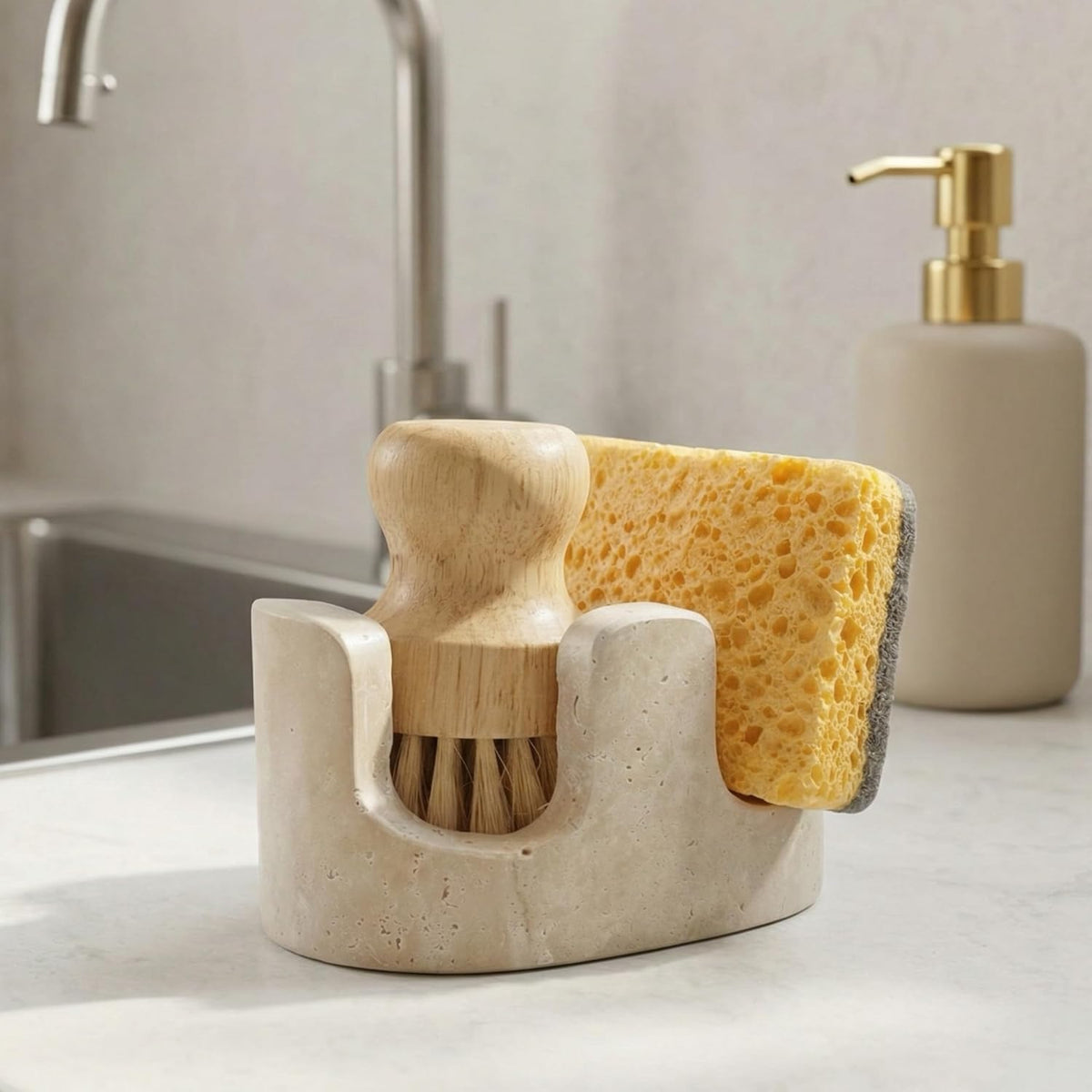 Travertine Sponge Holder for Kitchen Sink, 2-in-1 Sponge & Brush Holder, 2 Slot Natural Stone Sink Caddy for Countertop, Keeps Countertops Dry, Non-Slip Base, Elegant Kitchen Decor, Beige