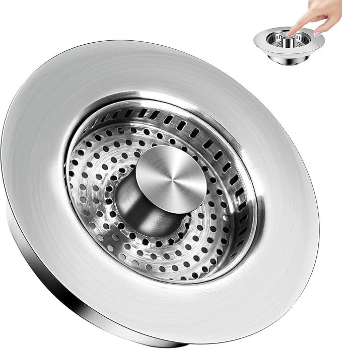 3 in 1 Kitchen Sink Drain Strainer ，304 Stainless Steel Kitchen Sink Stopper and Basket,Long-Term Water Storage，Bass Bounce Core，General，Filter for Standard 3-1/2 inch Drain