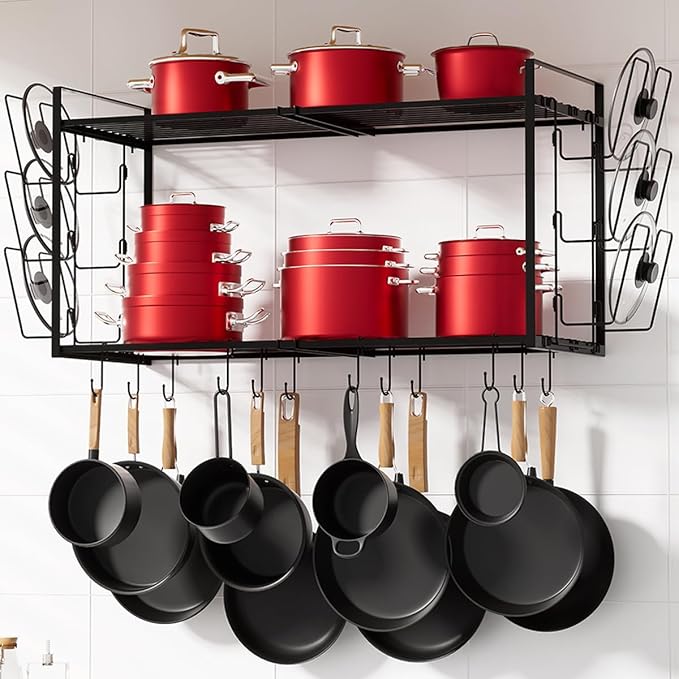 31 Inch Pot Rack Wall Mounted, 2-Tier Hanging Pots and Pans Organizer Expandable Heavy Duty Kitchen Shelves with 6 Pot Lid Holders and 12 Hooks for Kitchen Cookware Utensils Storage