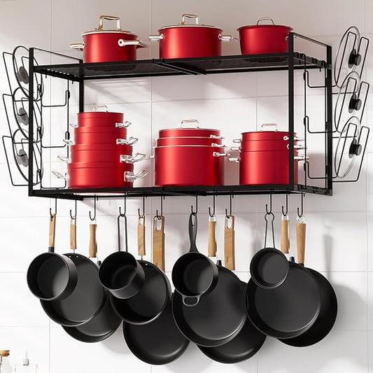 31 Inch Pot Rack Wall Mounted, 2-Tier Hanging Pots and Pans Organizer Expandable Heavy Duty Kitchen Shelves with 6 Pot Lid Holders and 12 Hooks for Kitchen Cookware Utensils Storage