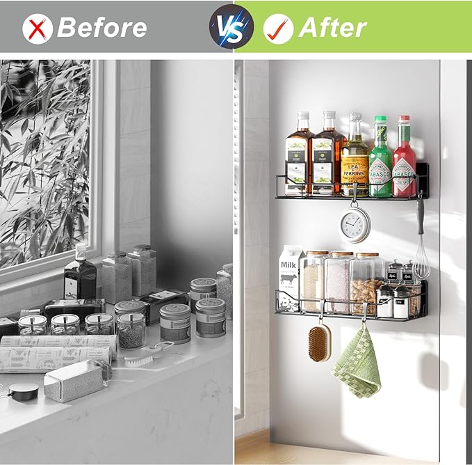 Magnetic Spice Rack for Refrigerator, 2 Pack Strong Magnet Spice Organizer Shelves with Hooks, Magnetic Fridge Shelf for Kitchen Organization and Storage, Seasoning Organizer Gadgets (Black)
