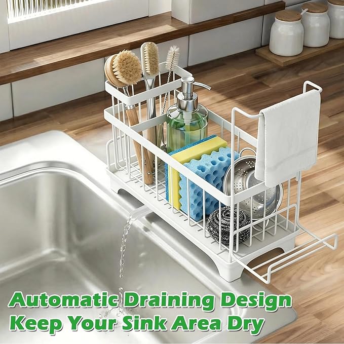 Sponge Holder for Kitchen Sink, Sink Caddy Organizer with Detachable Cloth & Brush Holder, Self-Draining Sponge Caddy Organizer with 360° Rotatable Spout, Kitchen Countertop Storage Accessories(White)