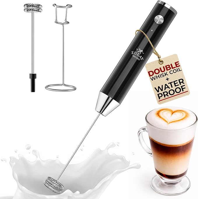 Zulay Kitchen Rechargeable Milk Frother Handheld - Frother Wand, Drink Mixer, Electric Whisk Frother, for Cappuccinos, Matcha & Protein Powder - Lux 4 Whisk 2 Speed Waterproof 2000mAh Black