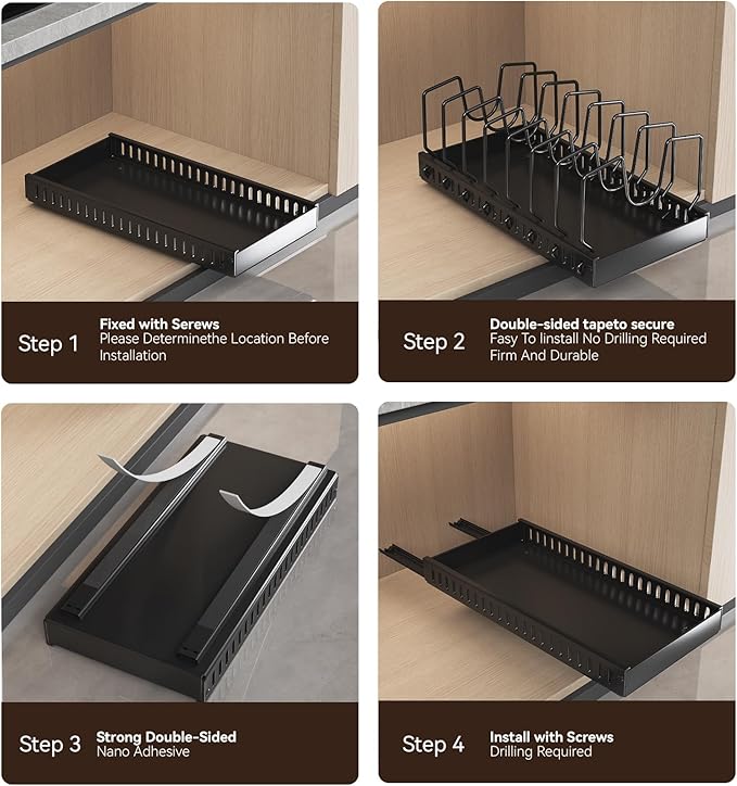 Pot Lid Organizer, Pull-out Pots and Pans Organizer, Under Cabinet Pot Lid Holder for Kitchen, Pots and Pans Storage with 8 Adjustable Dividers (Black, Sliding type)