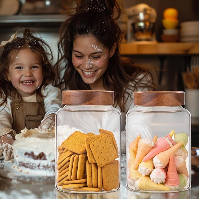 2 PCS Large Glass Jars with Wooden Airtight Lid 60 oz /1800ml,Clear Ground Coffee Bean Storage Canister with Screw Lid Glass Food Contianer for Pantry Sugar Tea Spice Cookies Salts (1800ml/60oz-2PACK)