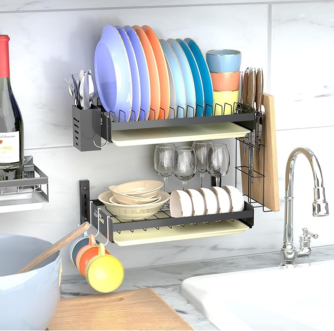 Hanging Wall Mounted Dish Drying Rack, Cutting Board Rack*1, Hook*4, Drain Tray*2, Apartment & RV Wall Mounted Dish Rack, Small Kitchen & Clean Countertop Solution, Multiple Layouts, Black