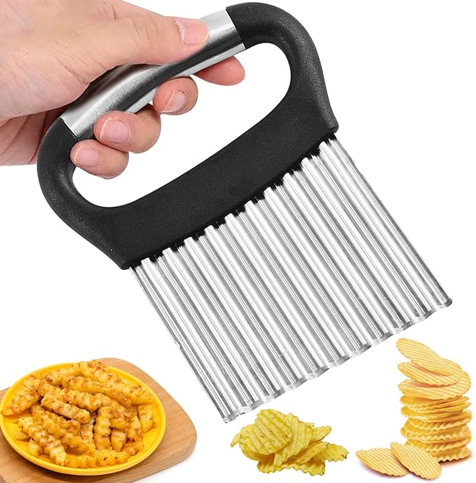 Crinkle Cutter, Stainless Steel French Fry Cutter For Potatoes Cucumbers Carrot, Ergonomic Kitchen Tool Wavy Chopper Waffle Fry Cutter With Handle for Fruits,Vegetables,Salads(Silver+Black)