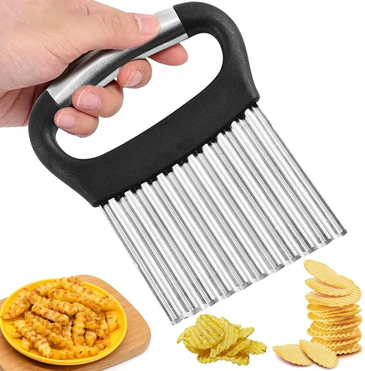 Crinkle Cutter, Stainless Steel French Fry Cutter For Potatoes Cucumbers Carrot, Ergonomic Kitchen Tool Wavy Chopper Waffle Fry Cutter With Handle for Fruits,Vegetables,Salads(Silver+Black)