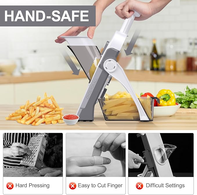 Safe Mandoline Slicer for Kitchen, Meal Prep, Potato Slicer, Adjustable/Easy to Clean/Storage, Kitchen Chopping Artifact, French Fry Cutter, Paring Knife/Cleaning Brush (only Slice, LightGrey)