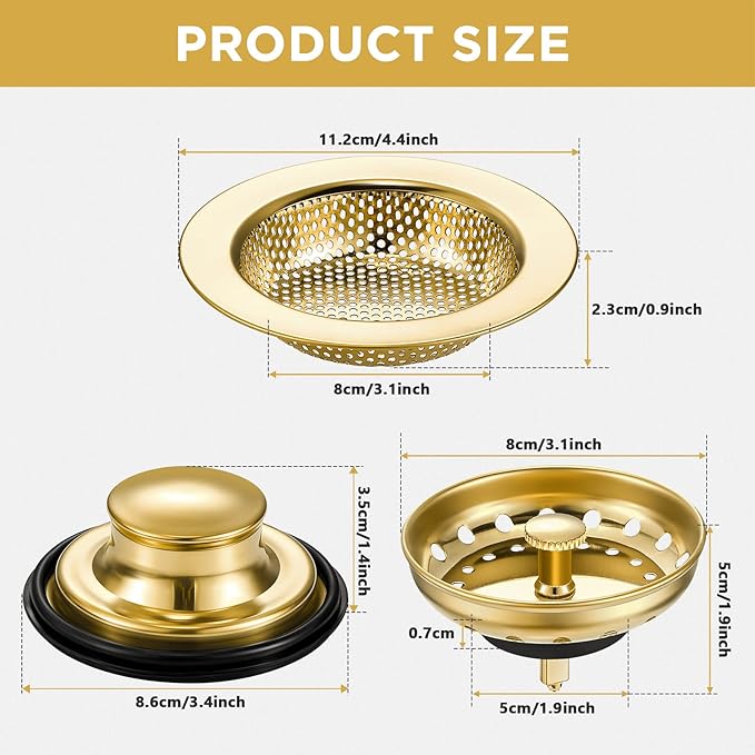 Mudder 3 Pcs Kitchen Sink Drain Strainer and Stopper Stainless Steel Garbage Disposal Plug with Handle Universal Anti-Clogging Kitchen Sink Filter Sieve Basket Strainer(Light Gold)