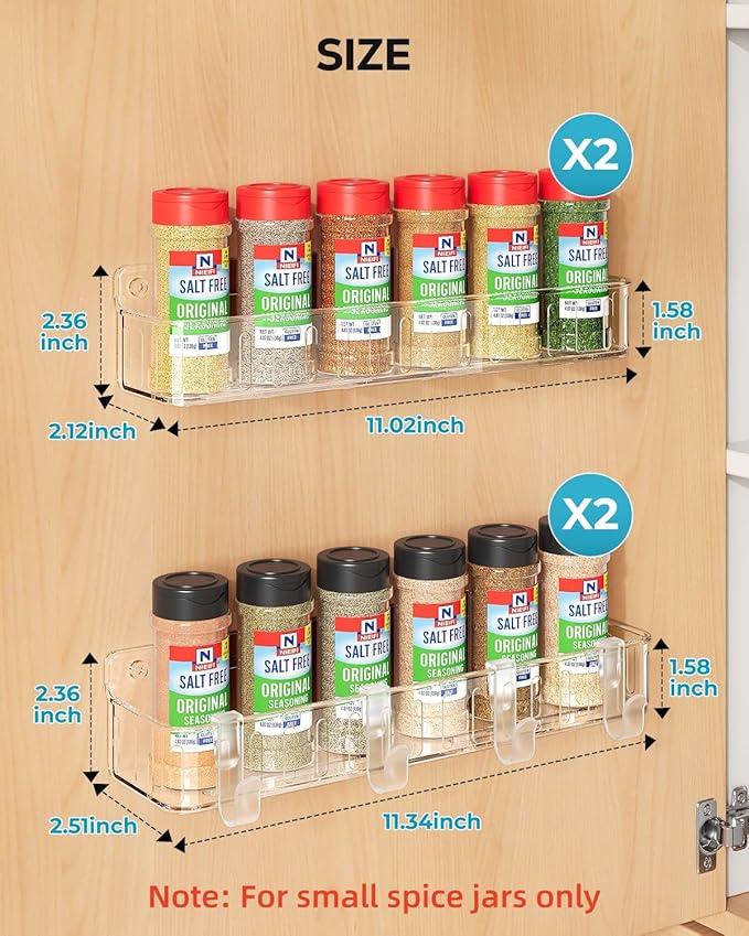 Nieifi Spice Rack Wall Mount, 4 Pack, Clear, Screw or Adhesive Installation, Spice Rack Organizer for Small Spice Jars, Suitable for Kitchen Cabinet or Pantry Door