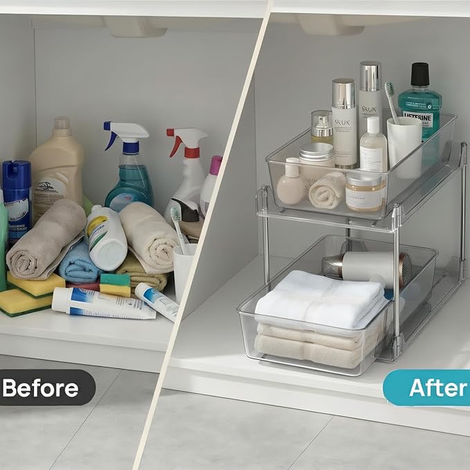 2 Pack Bathroom Organizers and Storage,2-Tier Clear Under Sink and Pull-Out Cabinet Organizer with Track for Kitchen, Pantry,Vanity Countertop,Medicine Cabinet,Closet Drawers Bins