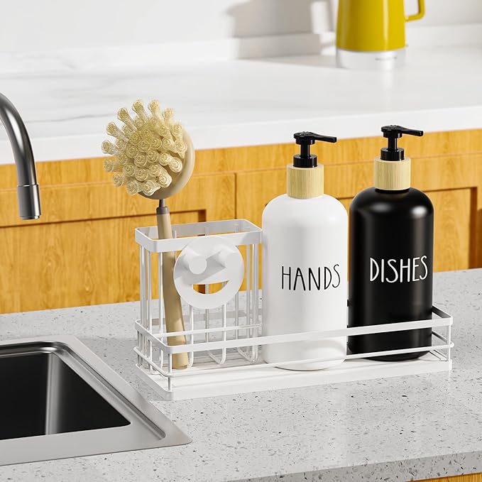 Moforoco Kitchen Dish Soap Dispenser Set, 16OZ Glass Bottle, Hand and Dish Soap Dispenser Set, Instant Dry Tray, Brush Holder with Smiley Face Sponge Holder (White Tray+Black&White Bottle)