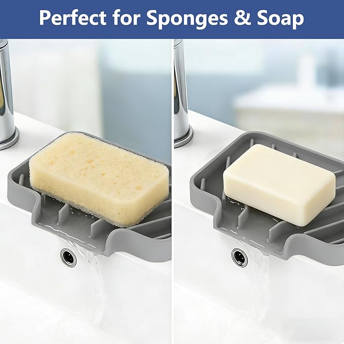 JACZZO Silicone Soap Dish for Shower and Bathroom - Small Bar Soap Holder with Self Draining Spout - Non-Slip Sink Tray Organizer for Kitchen Counter and Narrow Ledge, Gray (3.5" x 5")