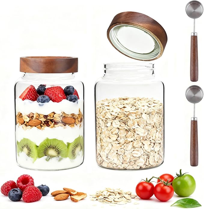 60 oz Glass Coffee Jars with Wooden Airtight Lid Spoon Clear Herb Ground Canister Round Food Storage Container for Sugar Pantry Flours Tea Coffee Bean Spice Cookies (1800ml/60oz-2PACK（with spoon))