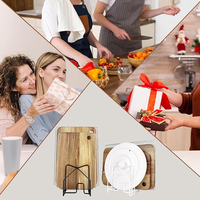 SUNFICON Cutting Board Holder W 2 Chip Bag Clips 304 Stainless Steel Chopping Board Rack Pot Lid Organizer Inside Cabinet Pot Cover Cookie Sheet Bakeware Serving Tray Cooling Rack Stand Kitchen Black