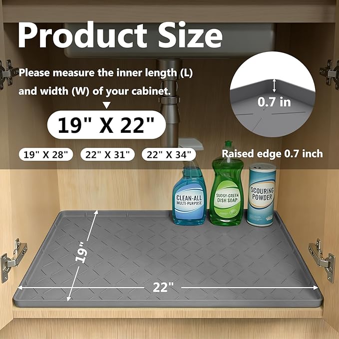 Mateeylife Under Sink Mats for Kitchen Waterproof 22"X19", Undersink Protectors，Silicone Mat Cabinet Liner, Under Sink Organizer for Bathroom and Kitchen，Boot Tray Pet Food Mat, Dark Grey