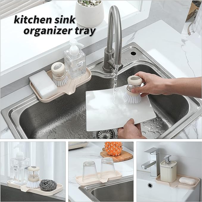 MicoYang Silicone Bathroom Soap Dishes with Drain Spout-Bathroom and Kitchen Sink Organizer,Sponge Holder,Dish Soap Tray,Perfect for Dispenser,Scrubber,Bottle,Cup on Sink or Counter-Tapioca 9.6"×5.3"