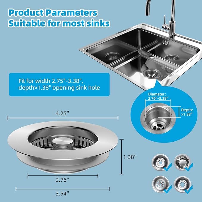 Hibbent All Metal Stainless Steel 3 in 1 Kitchen Sink Drain Strainer, Upgraded Anti-Rust Sink Stop Combo, Anti-Clogging Stainless Steel Basket Strainer with Metal Handle for US Standard 3-1/2" Drain