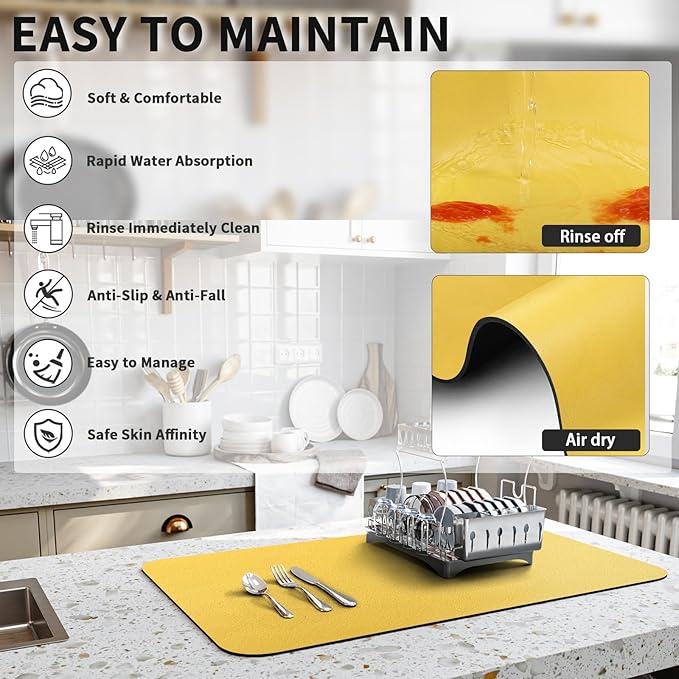 HotLive Dish Drying Mat for Kitchen Counter, Heat Resistant Drainer Mats with Non-slip Rubber Backed, Hide Stain Kitchen Super Absorbent Draining Mat, Easy to Clean Dish Rack Pad, Yellow 18"x24"