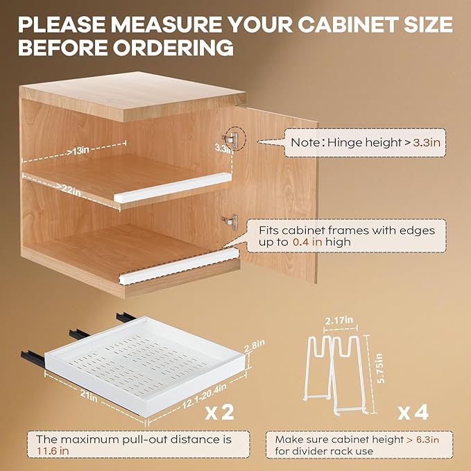 Seinloes 2Pack Pull out Cabinet Organizer 21"Deep with 4 Adjustable Dividers,Expandable（12.1"-20.4"W） Pots and Pans Organizer Under Cabinet with Raising Pad for Framed Cabinets,Slide out Drawers,White