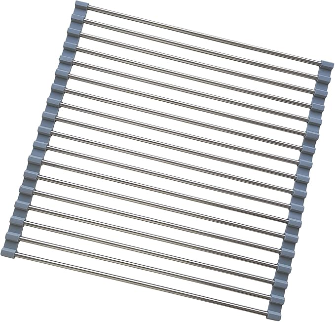 Roll Up Dish Drying Rack, Stainless Steel and Silicone Dish Drying Mat Over The Sink Foldable Drain Rack Multipurpose Dish Drainer for Kitchen, 14.5” x 14”, Gray