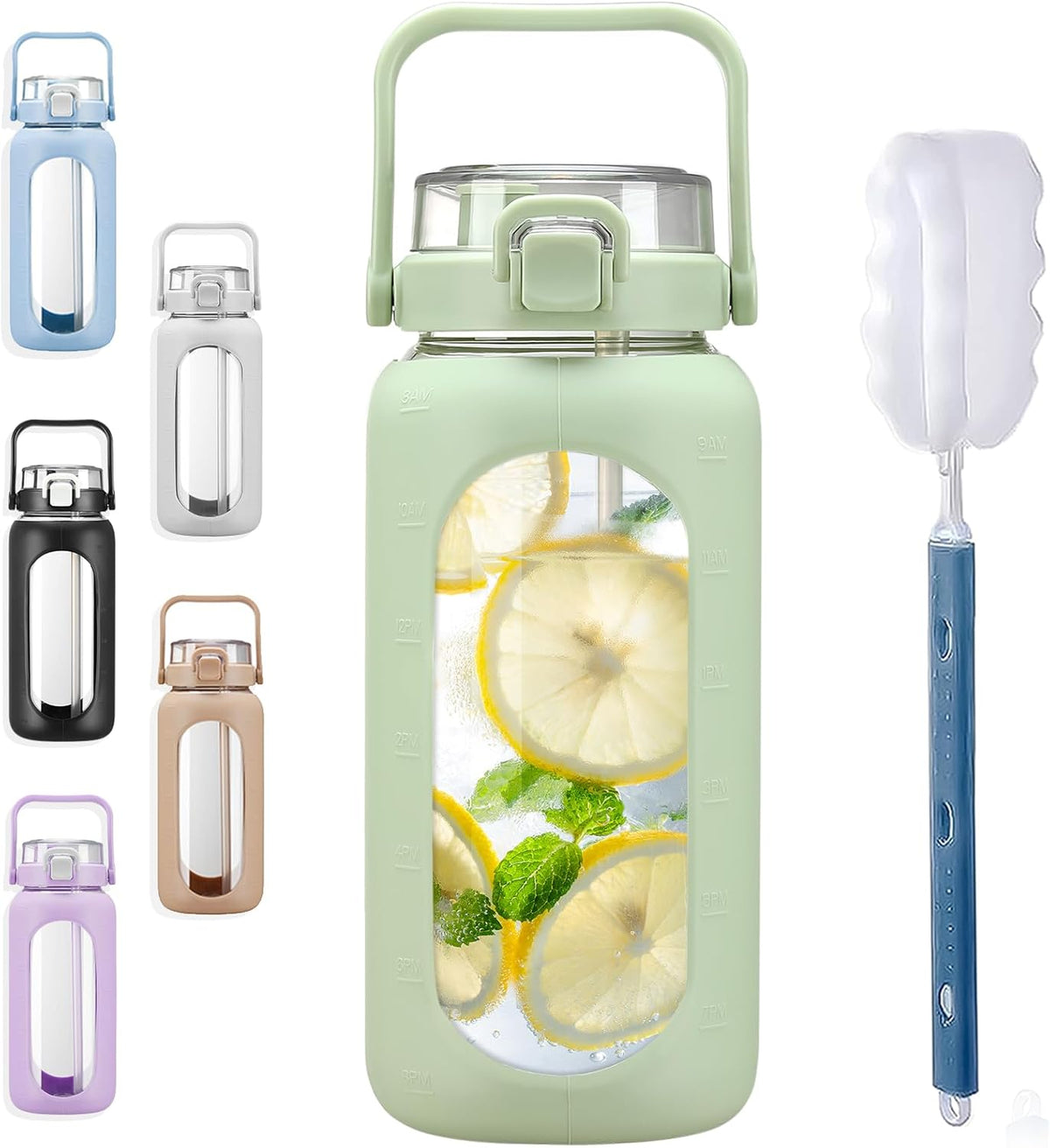 64oz Glass Water Bottles with Straw Time Marker Half Gallon Large Motivational Water Bottle with Silicone Sleeve 2 Liter Large Glass Water Jug for Gym, Sports& Workout, Daily, Green