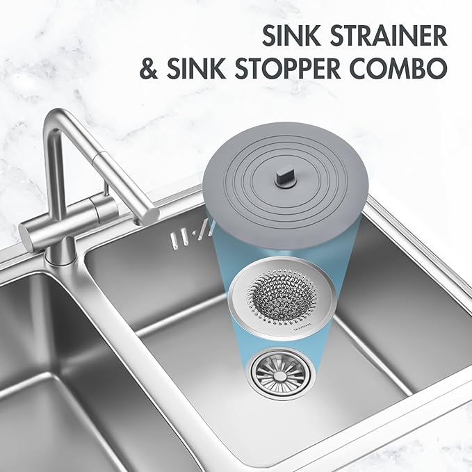 TRAPMATE Kitchen Sink Drain Strainer & Sink Stopper, Revolutionary Stainless Steel Drain Plug Combo, Anti-Clog Garbage Strainer Basket for US Standard Drains, Fits Single & Double Bowl Kitchen Sinks