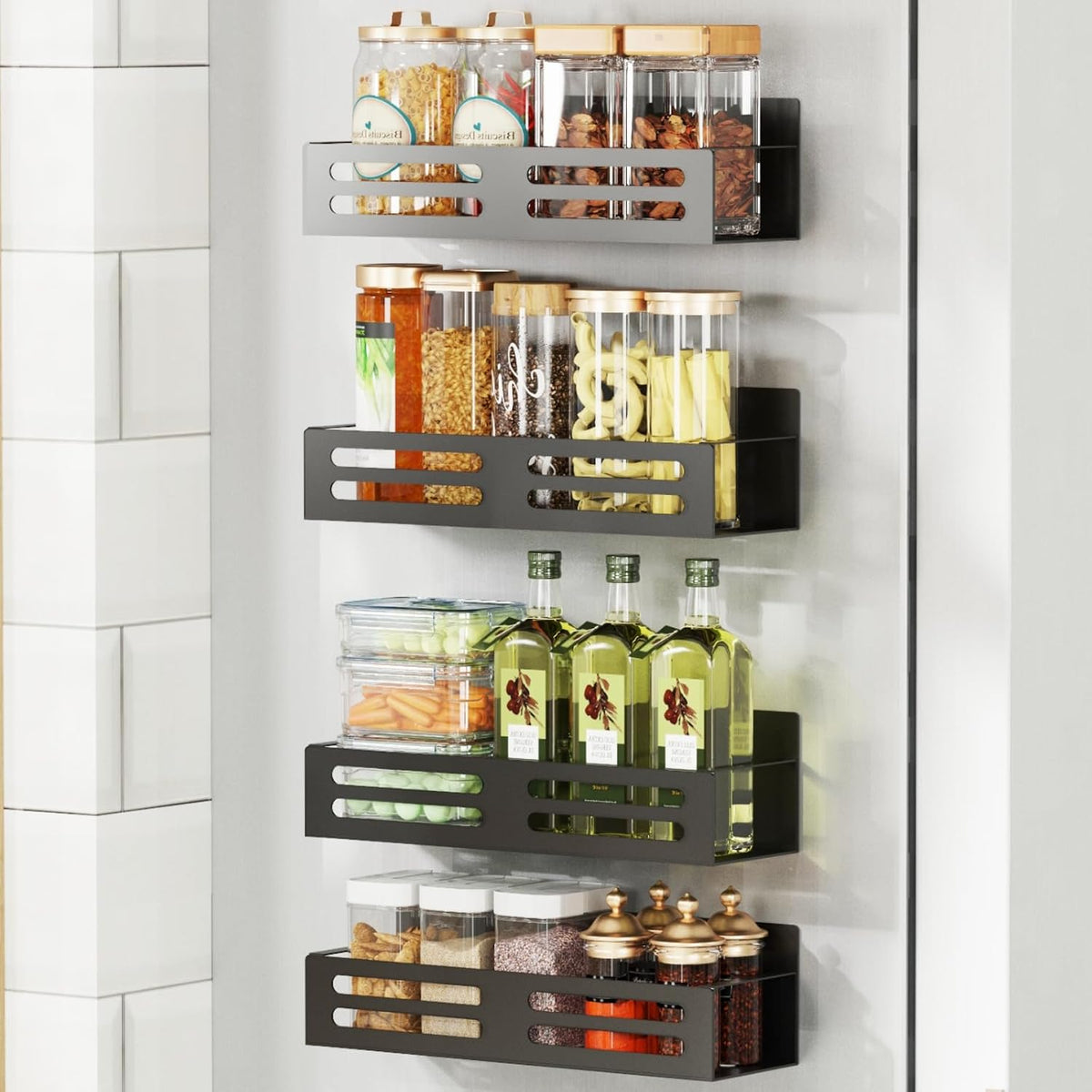 Magnetic Spice Rack for Refrigerator Magnetic Fridge Shelf for Kitchen Magnetic Shelves for Fridge 4 Pack Black