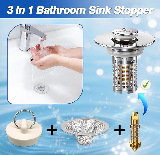 Bathroom Sink Drain Strainer(New-2pcs), Pop-up Sink Drain Strainer with Removable Stainless Steel Strainer Basket Hair Catcher, Bathroom Sink Strainer for Bathroom Sink Stopper Replacement