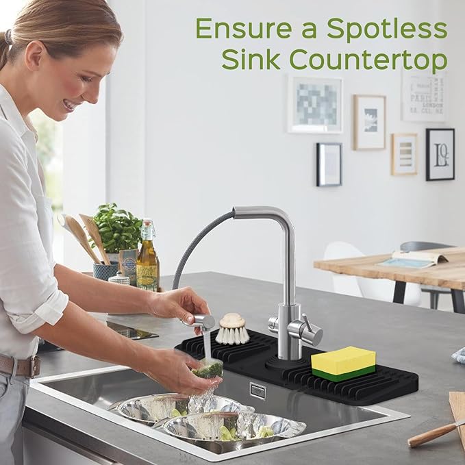 18 Inch Silicone Faucet Mat for Kitchen Sink Splash Guard – 2025 Upgraded Draining Mat with Water Tray Behind Faucet – Countertop Protectors to Catch Spills (Black, 17.7" x 5.5")