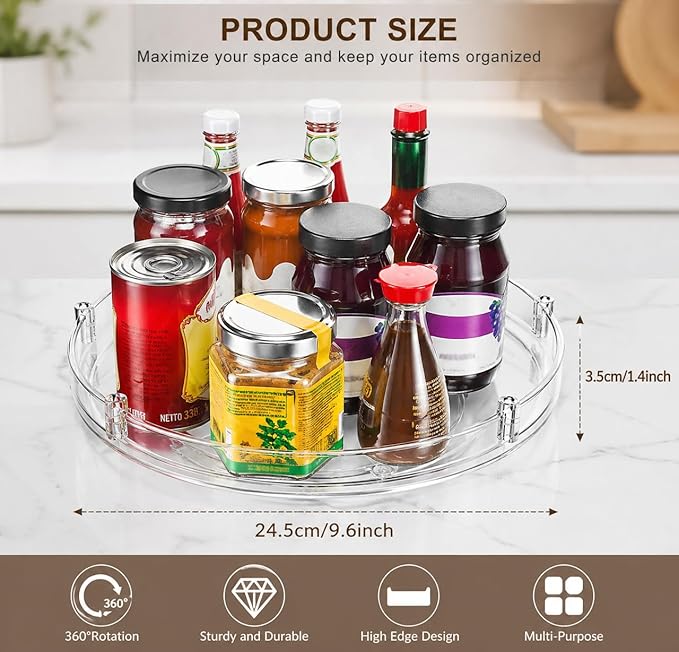 2 Pack Lazy Susan Organizer, Rotating Spice Rack Turntable for Kitchen Cabinet Pantry, Clear Storage Tray for Refrigerator Countertop Bathroom Organizer
