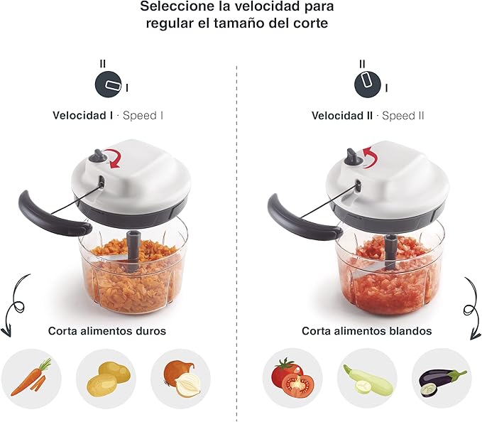 Lacor - 60599 - Affilato Handy Slicer, Food Chopper with Stainless Steel Blades, BPA-Free, 2 Speeds, 1.2 L