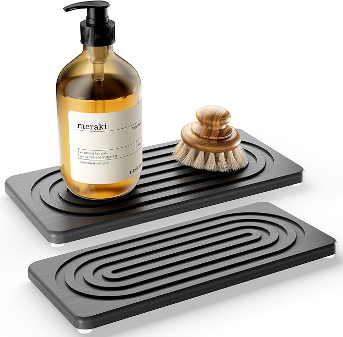 Water Absorbing Stone Tray, Quick Drying Diatomite Bathroom Tray Countertop, Stone Drying Mat for Kitchen Counter, Soap Dish Dispenser Vanity Organizer, Dark Grey-A-8.3" x 4"