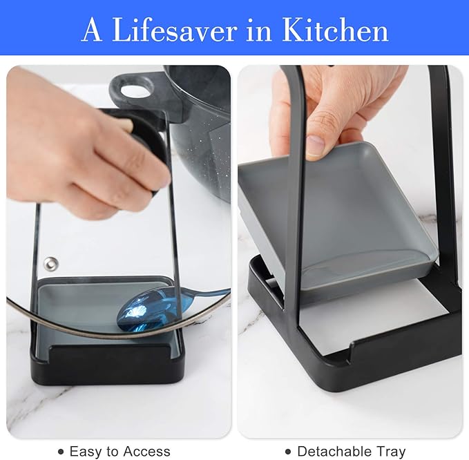 NiHome Versatile Pot Lid Ladle Holder Multipurpose Spatula Pad Book Cutting Board Spoon Rest Kitchen Utensils Drip Tray Washable Durable Stable Tack-Free Installation (Black)