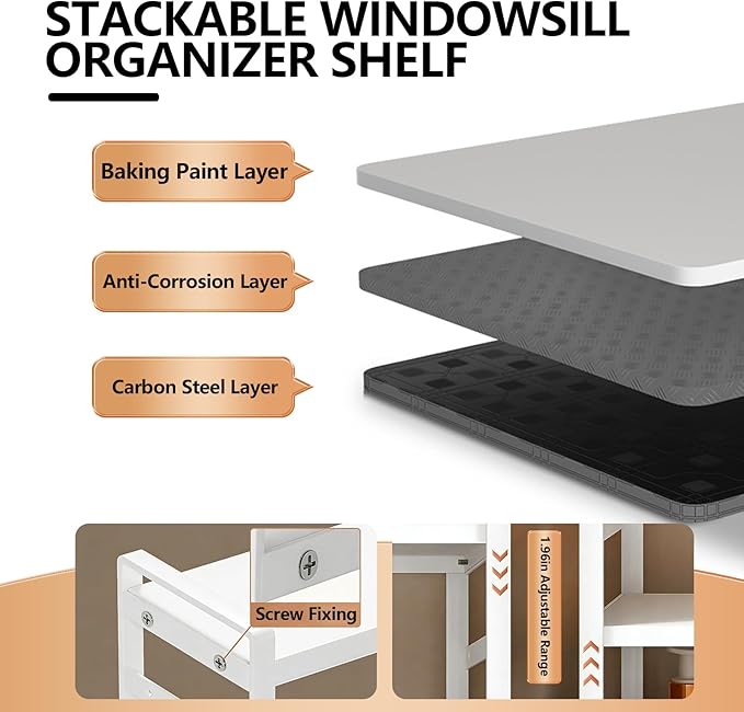 Retractable Over The Sink Shelf - Carbon Steel Window Sill Plant Shelves, Kitchen Counter Shelf for Plants & Storage Organization Accessories (White)