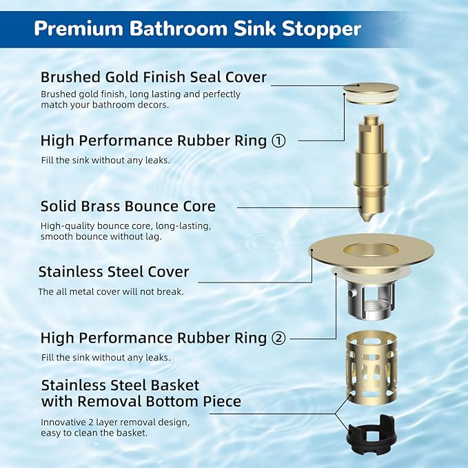 Hibbent 2 Pack Upgraded 3 in 1 Bathroom Sink Drain Strainer, Universal Pop Up Stopper with Removable Stainless Steel Filter Basket Hair Catcher, Sink Plug for 1.1''~2.36'' Basin, Brushed Gold
