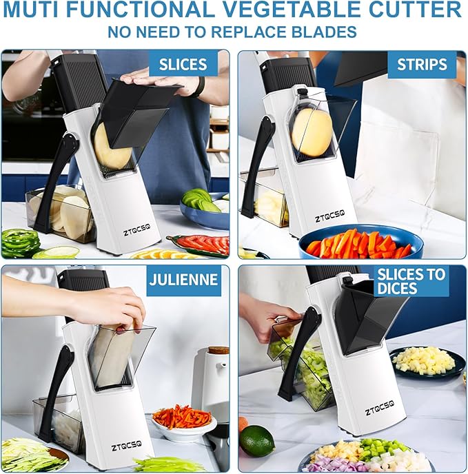 [All in 1] Upgraded Version Safe Mandoline Slicer for Kitchen, Adjustable Thickness. Veggie Slicer, Rapid Prep Mandoline, Detachable Blade, Cleaning Brush (WhiteBlack)