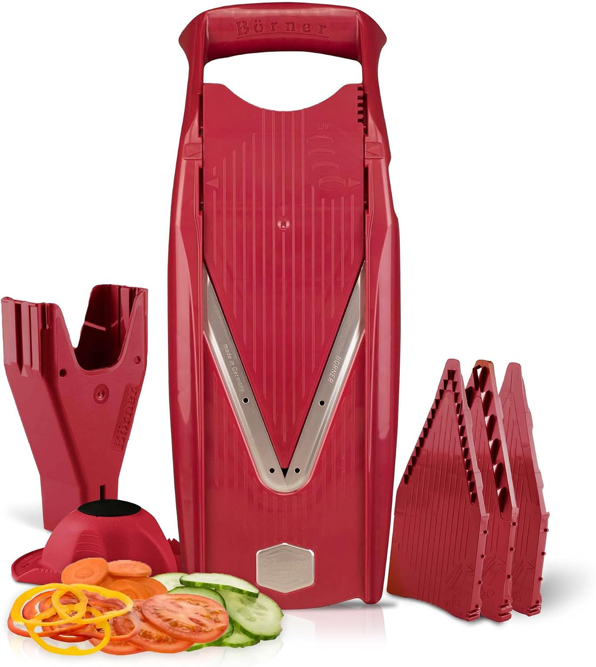 Swissmar VPower V-Slicer Mandoline – Professional Kitchen Tool with Adjustable Thickness – Precision Food Slicer for Vegetables, Julienne & Shredding – Includes Safety Holder & Inserts - Red